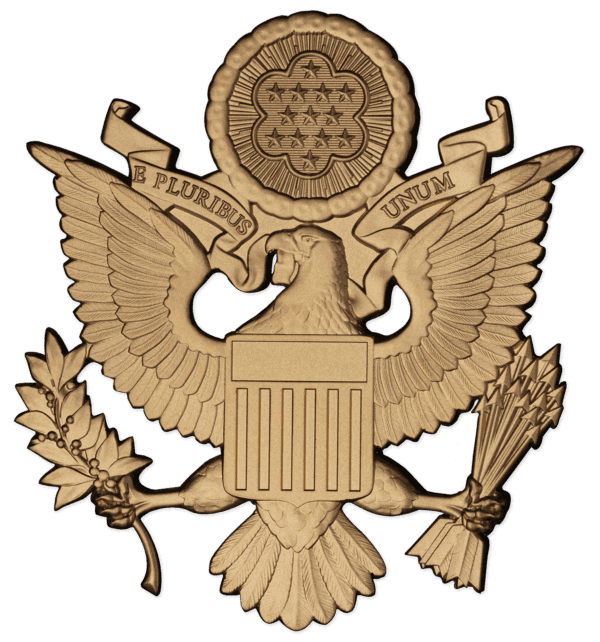Obverse side of 2026 Samoa 2 oz Silver Shaped Gilded Coin featuring the Great Seal of the United States with eagle, arrows, olive branch, and stars