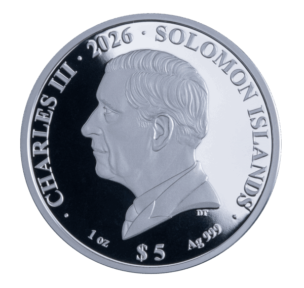 Reverse side of 2026 Solomon Islands silver proof coin featuring profile of Charles III and "$5 1 oz Ag" inscription.