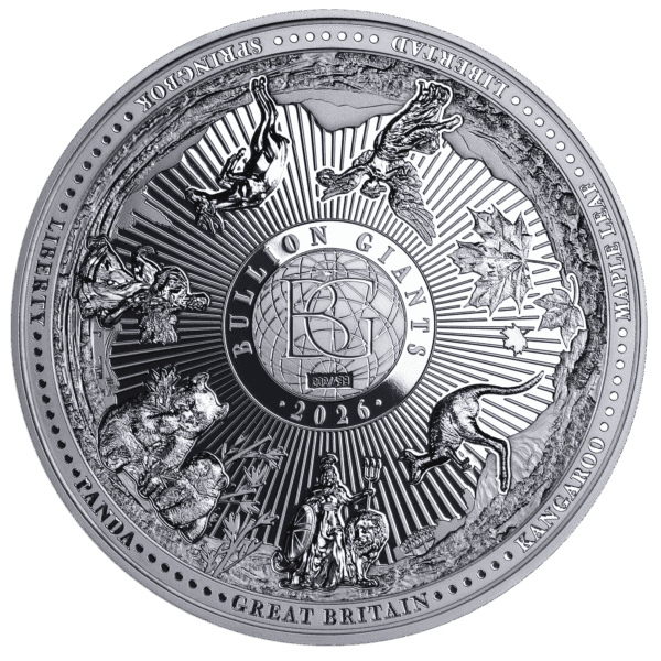 A close-up, black-and-white photograph of a large, circular silver coin. The coin's design features an ornate, detailed coat of arms at its center, surrounded by inscriptions and a decorative border.