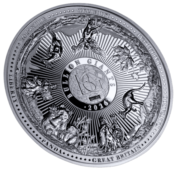 A close-up, black-and-white photograph of a large, circular silver coin. The coin's design features an ornate, detailed coat of arms at its center, surrounded by inscriptions and a decorative border.