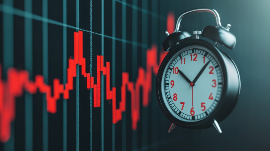A classic analog alarm clock is positioned in front of a red-hued financial chart showing a downward trend. The image suggests a time-sensitive financial situation or market crash.