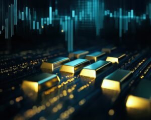 A futuristic, digital cityscape with glowing yellow lines and a grid-like pattern on a dark background.