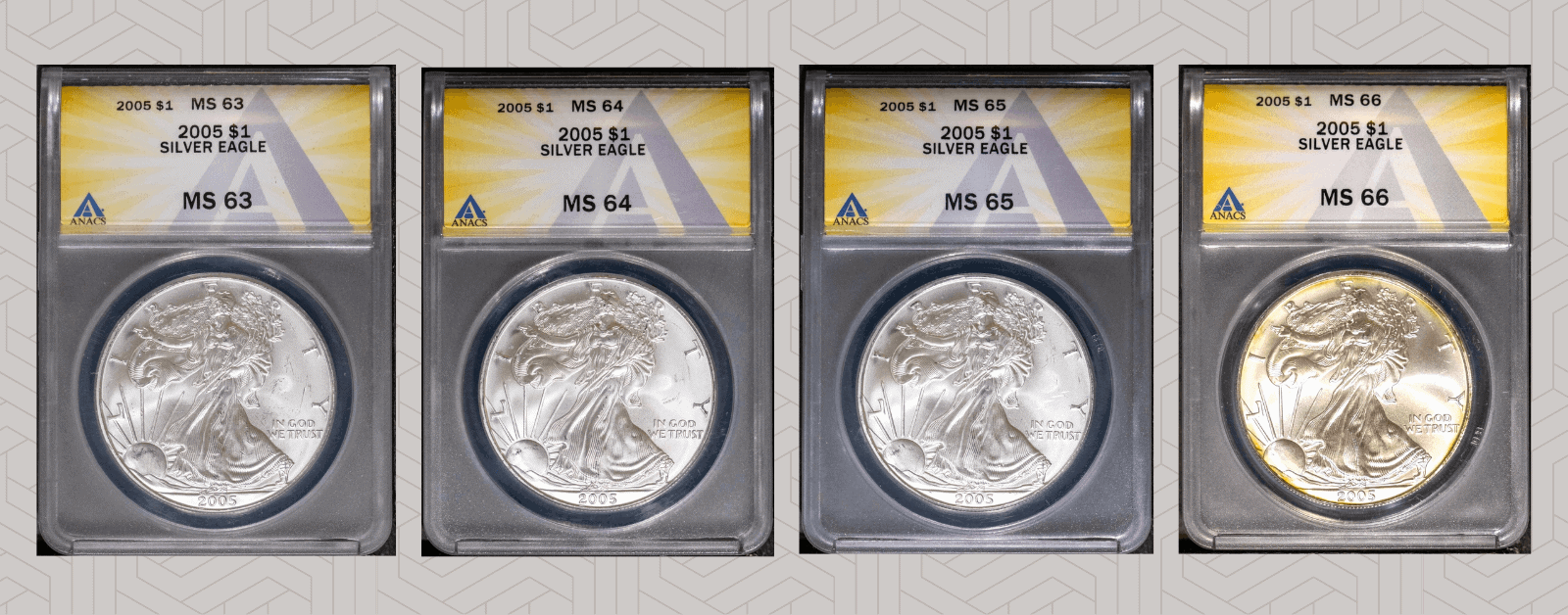 Comparison of MS-63, MS-64, MS-65, and MS-66 Silver Eagle coins highlighting contact marks and luster quality