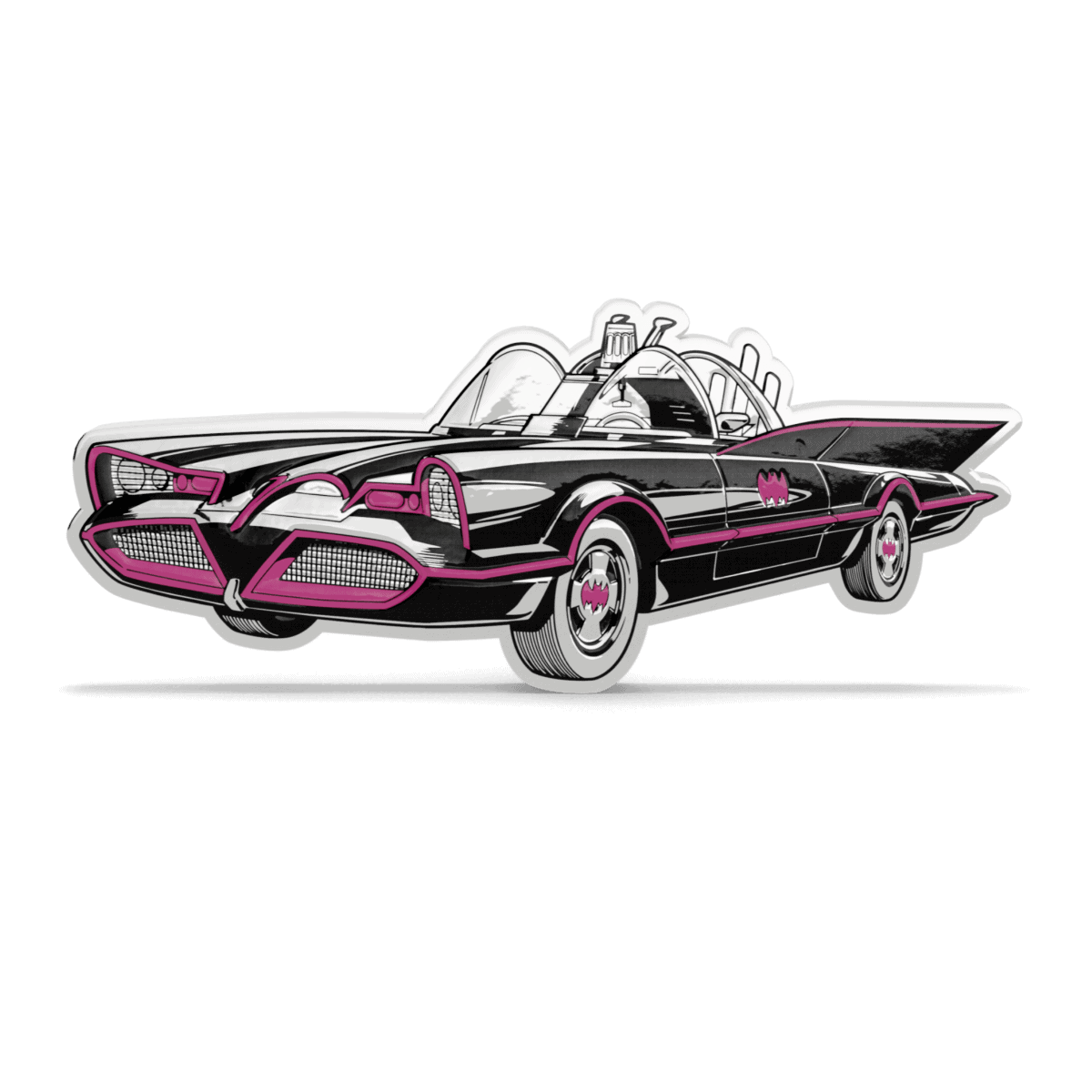2025 Niue DC Batman 1966 Batmobile 1 oz Silver Colorized Proof Coin featuring pink and black Batmobile design.