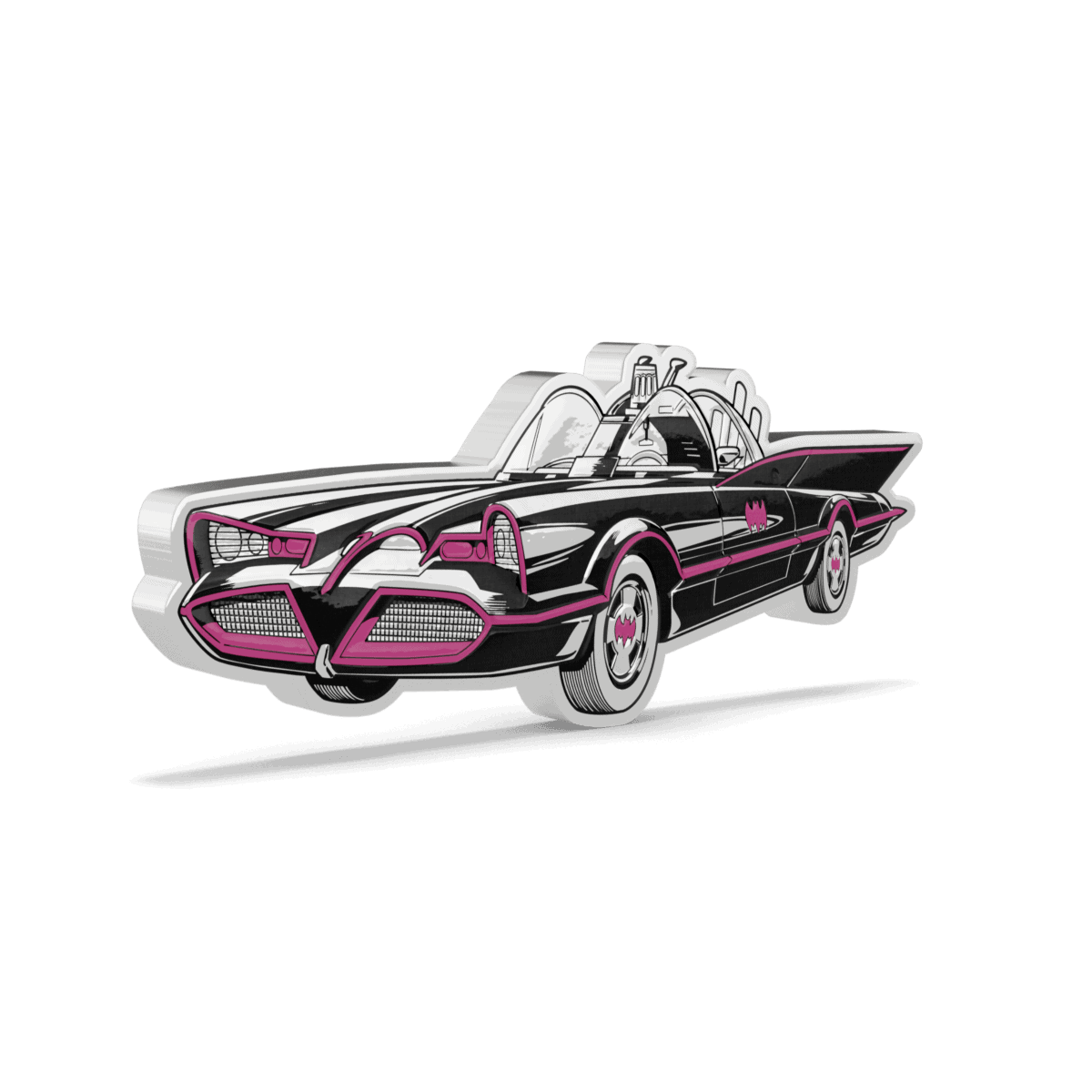 2025 Niue DC Batman 1966 Batmobile 1 oz Silver Colorized Proof Coin featuring pink and black Batmobile, right-side view.