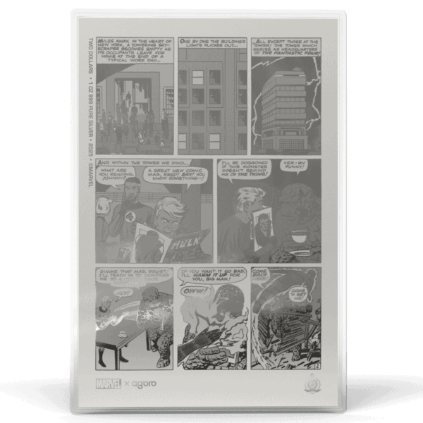 2025 Niue Marvel Fantastic Four #5 1 oz silver foil reverse featuring full‑color internal comic page panels with Doctor Doom storyline, in protective display