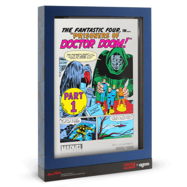 2025 Niue Marvel Fantastic Four #5 1 oz pure silver foil in side‑view framed display box featuring internal comic page panels from The Fantastic Four Meet Doctor Doom! storyline