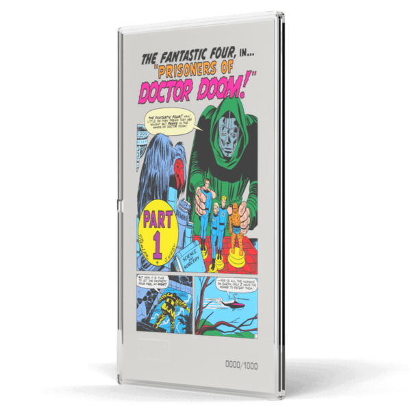 2025 Niue Marvel Fantastic Four #5 1 oz pure silver foil angled view featuring full‑color internal comic page panels with Doctor Doom storyline in protective display