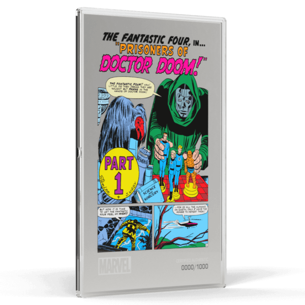 2025 Niue Marvel Fantastic Four #5 1 oz pure silver foil with full‑color comic cover art “Prisoners of Doctor Doom!” featuring Doctor Doom and the Fantastic Four in dynamic action poses