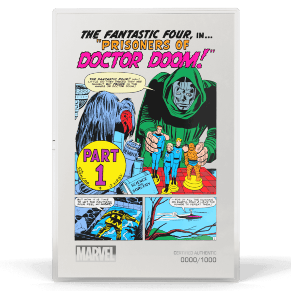 Fantastic Four The Peril and the Power of Doctor Doom 1 oz pure silver foil with vibrant comic book cover art, limited edition serial number, and 9999 purity