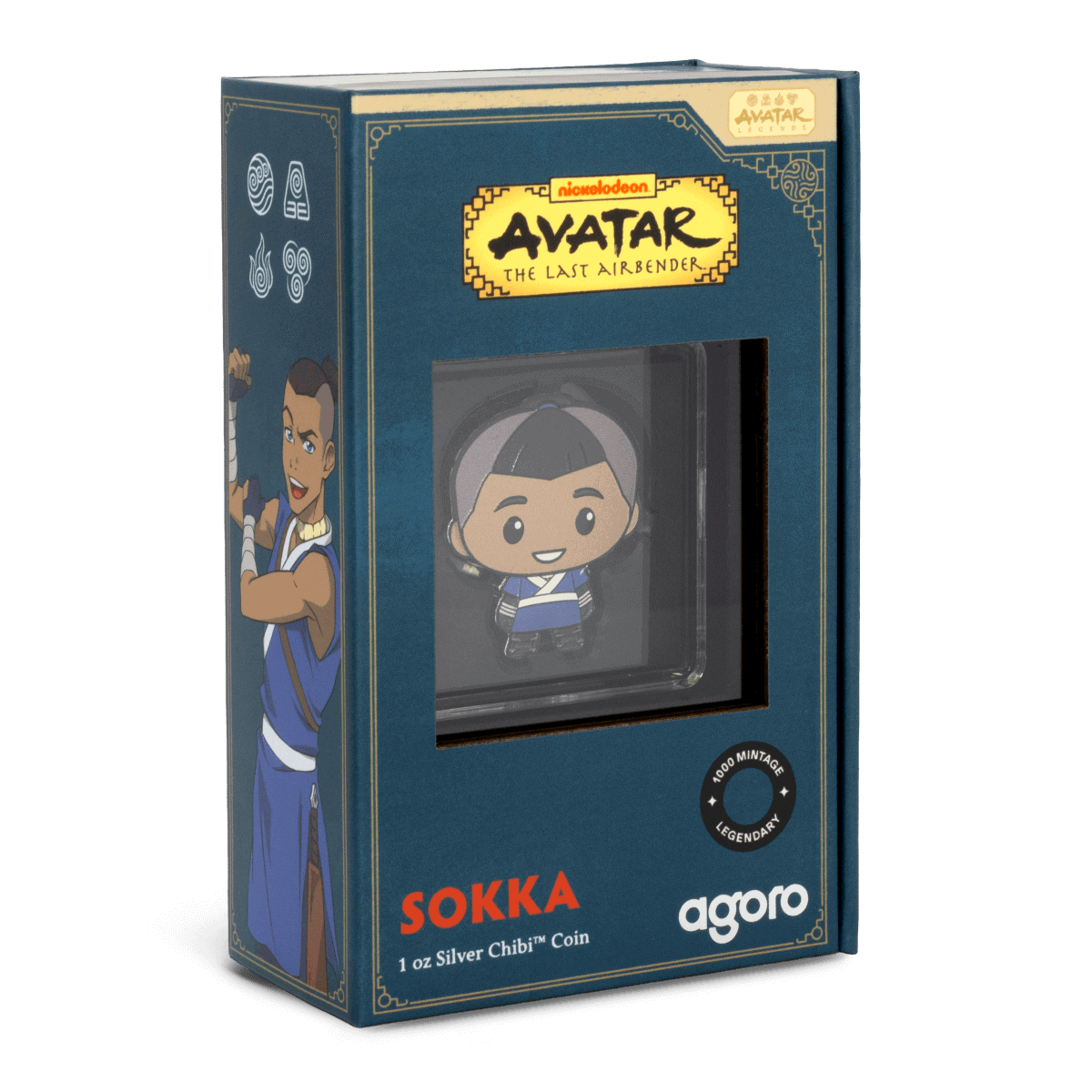 Sokka collectible silver Chibi coin from Avatar: The Last Airbender, 2023, Niue, 1 oz silver, limited edition, featuring a stylized cartoon of Sokka from the popular Nickelodeon series.