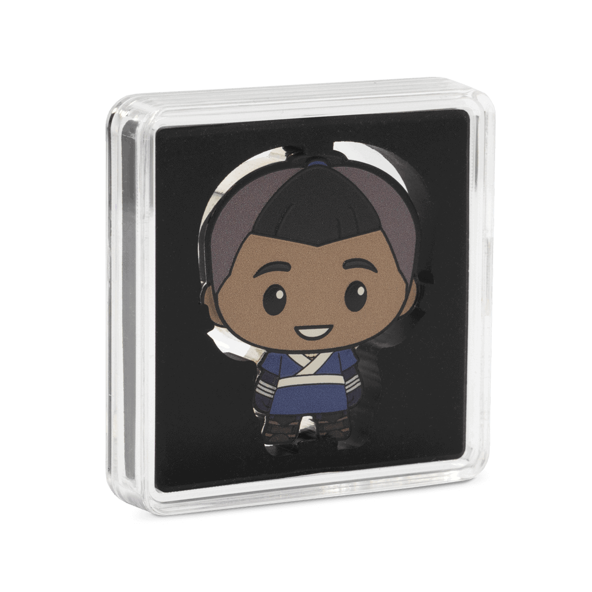 Colorful cartoon character coin in a display case, featuring a smiling boy in traditional Asian clothing with a modern twist, perfect for collectors of unique memorabilia.