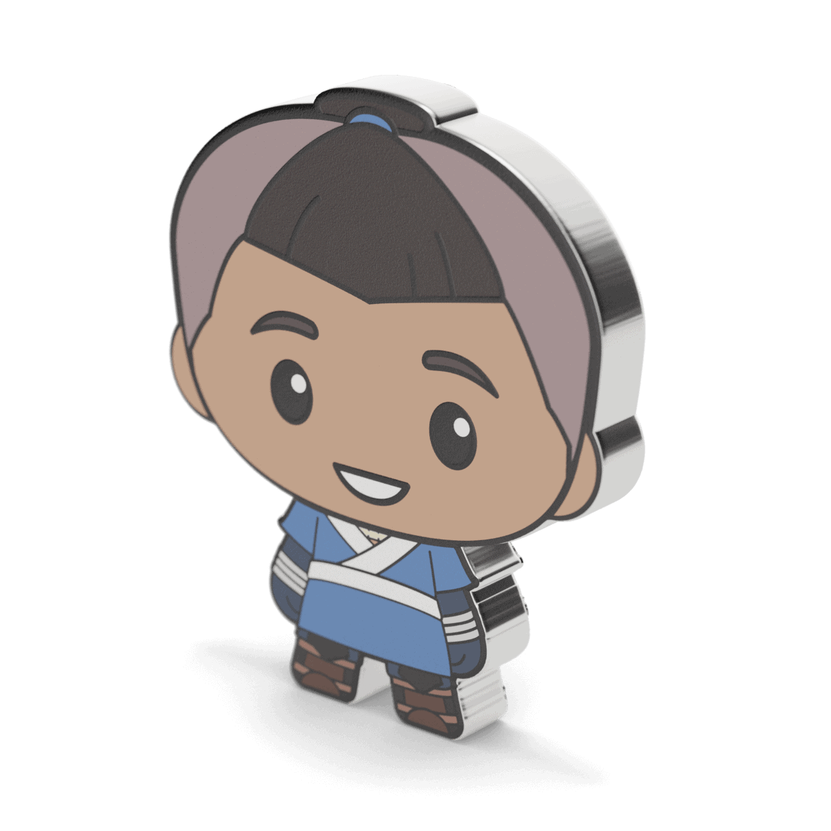 Collectible coin featuring a chibi character in traditional Japanese attire, blue kimono and brown footwear, with a cheerful expression, set against a black background.