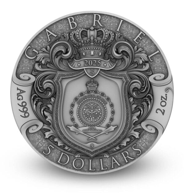 The reverse side of an antiqued silver coin from Niue, featuring intricate scrollwork, the inscription "GABRIEL," the year "2025," the weight "2 oz Ag 999," and the denomination "5 DOLLARS."