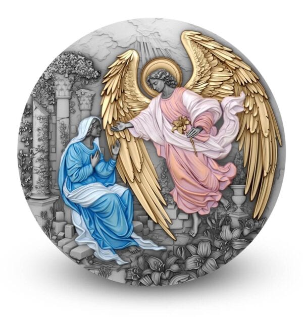 An antiqued and gilded silver coin from Niue featuring the Annunciation, with the Angel Gabriel in gold and the Virgin Mary in blue and white, set against a grey background.
