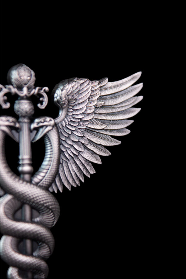 An extremely close-up and detailed image of the left wing and the coiled snake on a silver, antiqued winged staff medal.