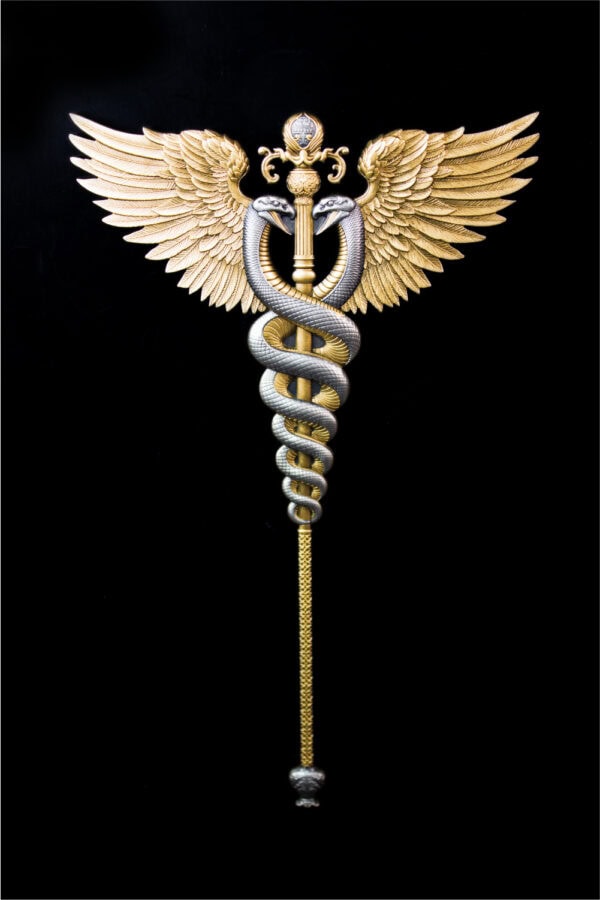 A silver-gilded winged staff with two serpents intertwined around it.