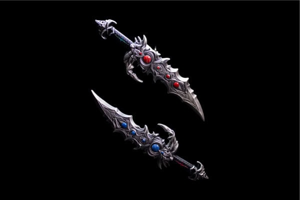 Two antiqued silver coins, each shaped like a fantasy sword. One has red gems and the other has blue gems.