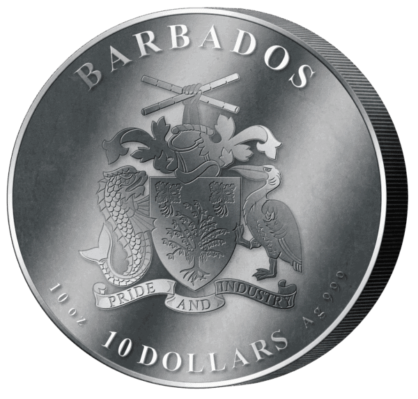 The reverse side of a coin featuring the coat of arms of Barbados. The text "BARBADOS" is at the top, and "10 DOLLARS" is at the bottom.