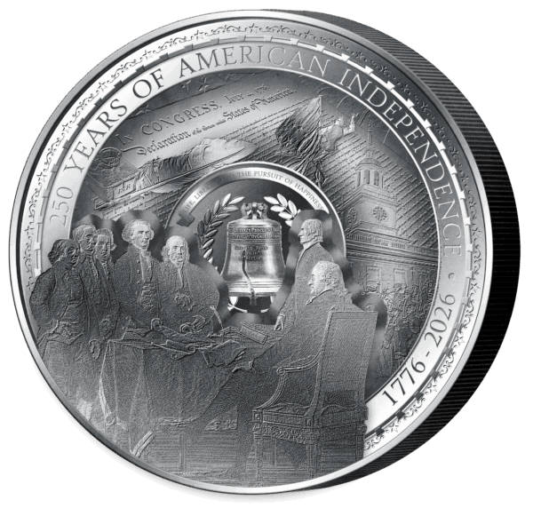 A coin with a detailed, multilayered design. The central image depicts a historical scene, likely related to the signing of the Declaration of Independence, with figures gathered in front of a building. The text "YEARS OF AMERICAN INDEPENDENCE" is visible around the top edge.