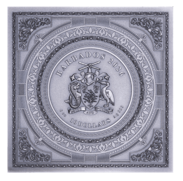 The bottom view of the 2026 Barbados George Washington 6-ounce silver antiqued coin, shaped like a cube, showing the Barbados coat of arms.