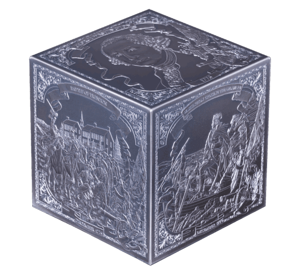 A front view of the 2026 Barbados George Washington 6-ounce silver antiqued coin, shaped like a cube.