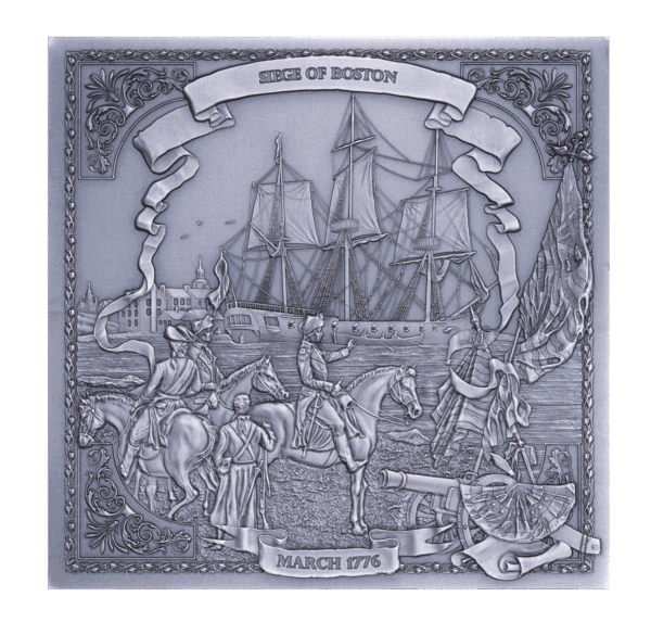 A side view of the 2026 Barbados George Washington 6-ounce silver antiqued coin, shaped like a cube, showing a historical scene of the Siege of Boston.