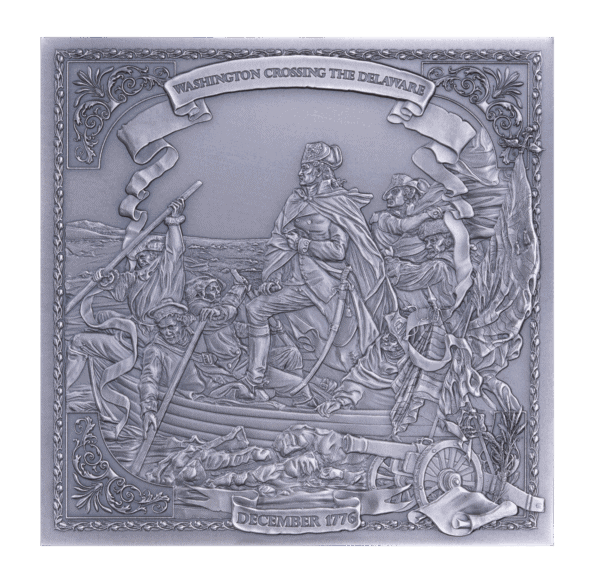 A side view of the 2026 Barbados George Washington 6-ounce silver antiqued coin, shaped like a cube, showing a historical scene of George Washington crossing the Delaware.