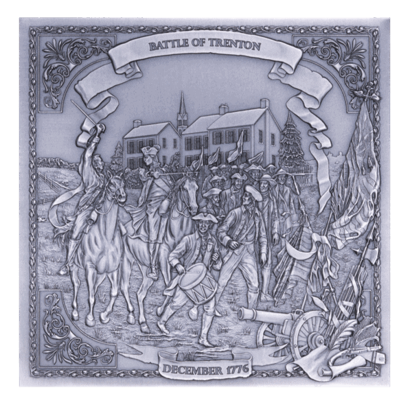 A side view of the 2026 Barbados George Washington 6-ounce silver antiqued coin, shaped like a cube, showing a historical scene of the Battle of Trenton.