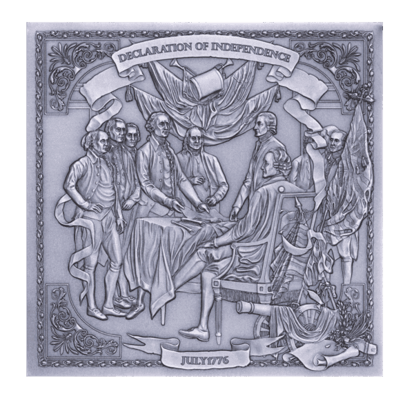 A side view of the 2026 Barbados George Washington 6-ounce silver antiqued coin, shaped like a cube, showing a historical scene of the signing of the Declaration of Independence.