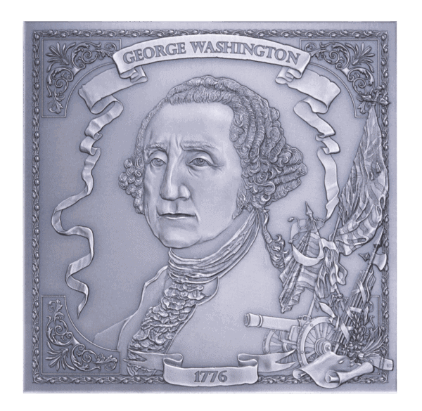 The top view of the 2026 Barbados George Washington 6-ounce silver antiqued coin, shaped like a cube, showing a bust of George Washington.
