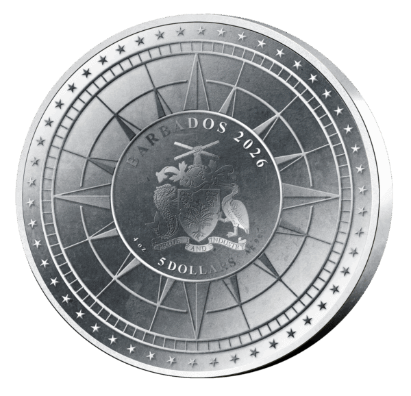 A close-up shot of the reverse side of a silver coin from Barbados, called "The Road to Independence". The coin is a compass-like design with a stylized globe at its center and the words "BARBADOS 2026" above the globe.