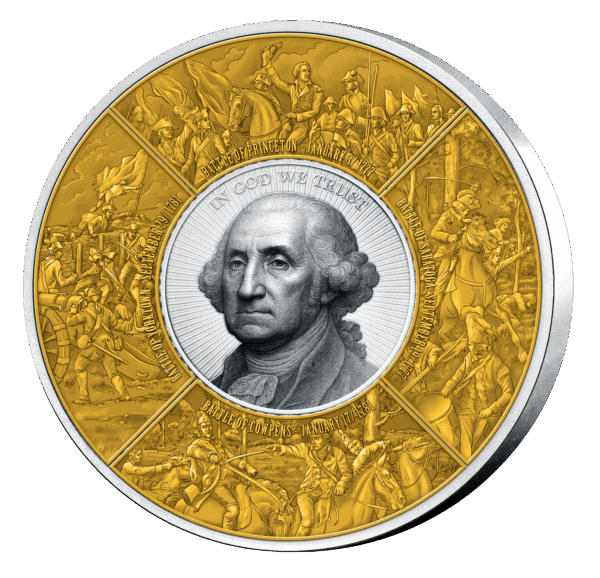 A close-up shot of the front of a silver coin from Barbados, called "The Road to Independence". The center features a silver portrait of George Washington. The outer ring is gold-toned and divided into four sections depicting scenes from the American Revolutionary War.