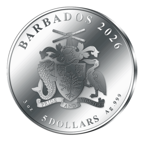 The back of a silver coin from Barbados. It features the national coat of arms of Barbados, a shield supported by a dolphin and a pelican, with a trident at the top. The inscriptions "BARBADOS," "2026," "5 DOLLARS," and "AG 999" are visible around the edge.