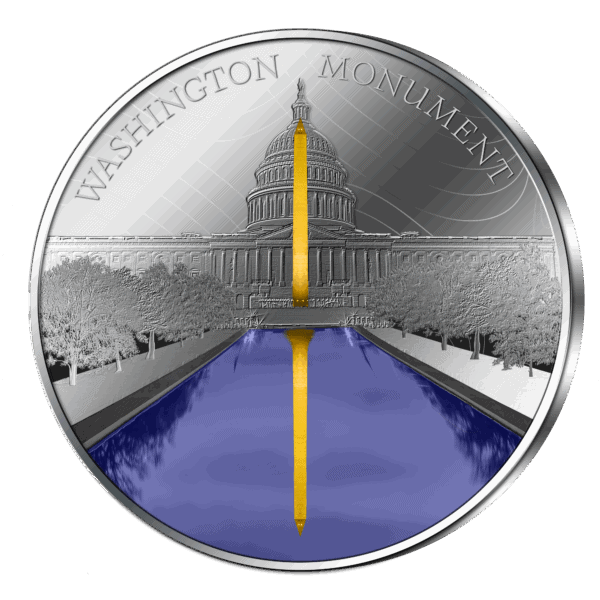 A silver coin with an antiqued finish depicts the Washington Monument at night. The monument, rendered in gold, reflects across the long, deep-blue Reflecting Pool. The background shows the US Capitol Building. The text "WASHINGTON MONUMENT" is visible at the top.