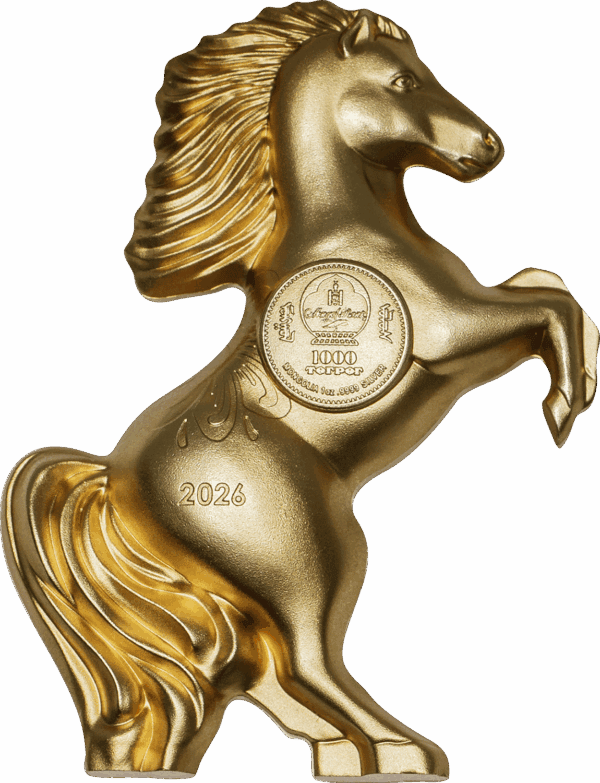 The back of a gilded, silver coin shaped like a horse rearing on its hind legs, showing the coat of arms of Mongolia.