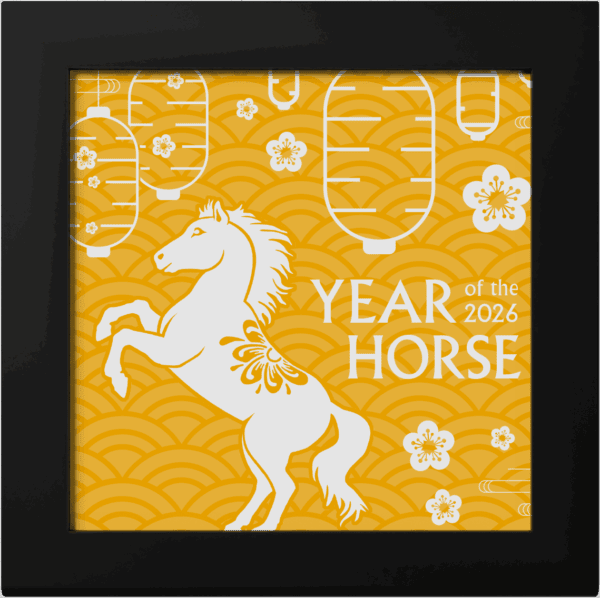 A black display box for a coin, featuring an orange and white design with a rearing horse, lanterns, flowers, and the text "YEAR of the HORSE."