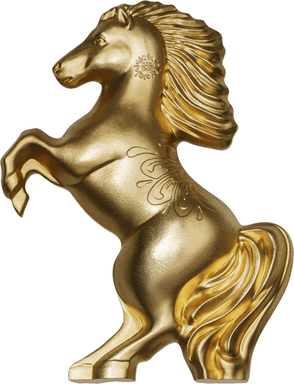 A gilded, silver coin shaped like a horse rearing on its hind legs.