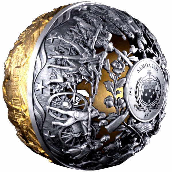 The reverse side of a two-ounce spherical silver coin from Samoa. One half of the coin is a gold-colored, textured surface, while the other half is a dark antiqued silver, featuring a detailed carving of various objects and a central crest with the Samoan coat of arms.