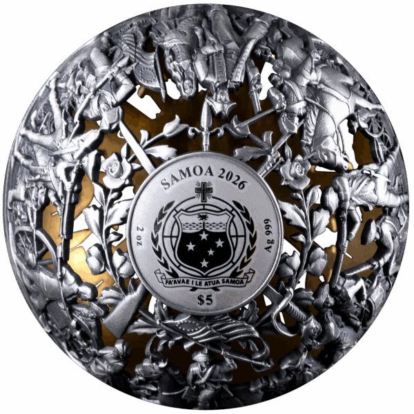 A bottom-up view of a two-ounce spherical silver coin from Samoa. The coin's lower half is a dark antiqued silver with a detailed carving of various figures and objects, including a central circular crest with the Samoan coat of arms.