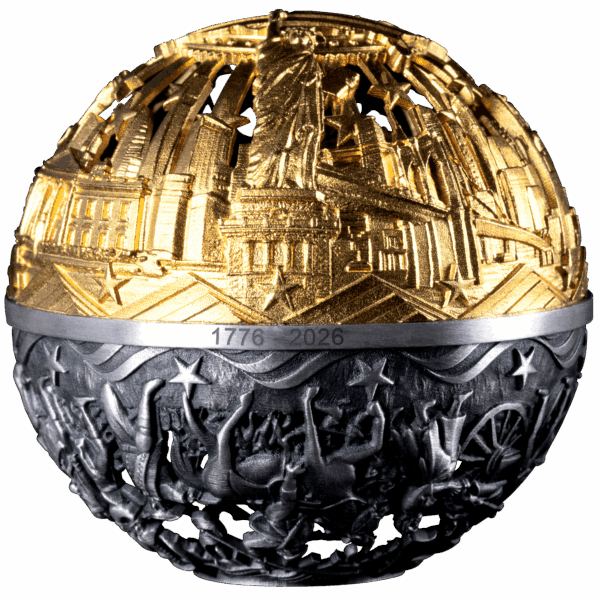A two-ounce spherical silver coin from Samoa, featuring an antiqued finish. The top half is a gold-colored filigree design depicting classical architecture, while the bottom half is a dark, intricately carved pattern.