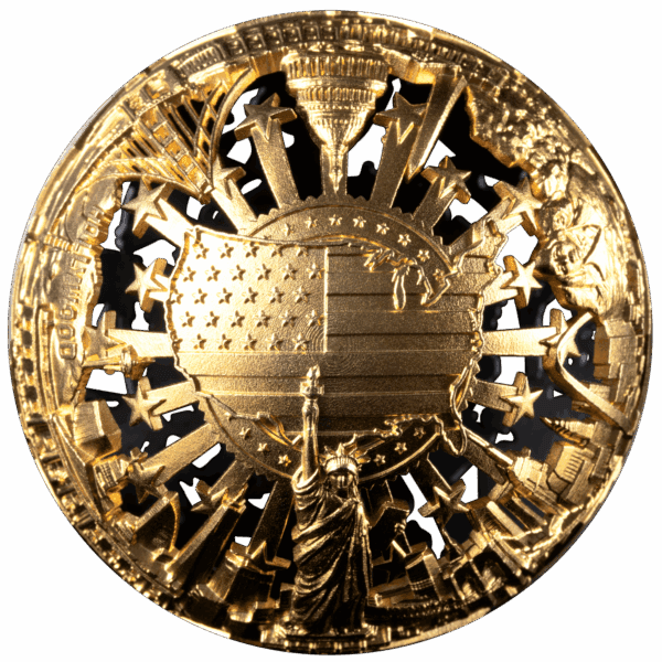 The top view of a gold-colored, two-ounce spherical silver coin from Samoa. The coin's surface features an intricate filigree design of a building facade, with the upper portion showing a dome and columns, and the lower portion depicting a door and windows.