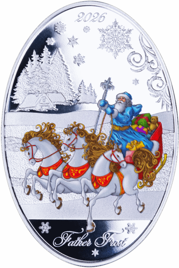 A colorized, circular silver coin depicting a festive scene. The design shows Father Frost, the traditional Slavic gift-bringer, riding in a sleigh with a child. The sleigh is being pulled by three horses in a snowy landscape. The figures are colorized, while the background is left in a frosted, metallic finish with snowflakes.