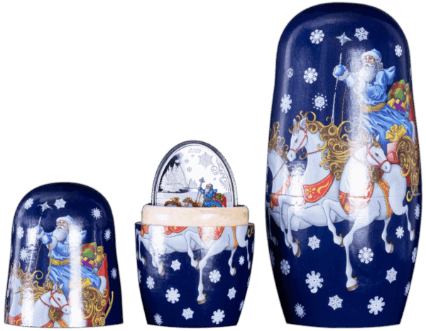 Three nested Russian dolls (matryoshka dolls) of varying sizes are displayed side-by-side. Each doll has a dark blue background with a festive, white-and-red pattern on the body and a golden, ornate design on the head.