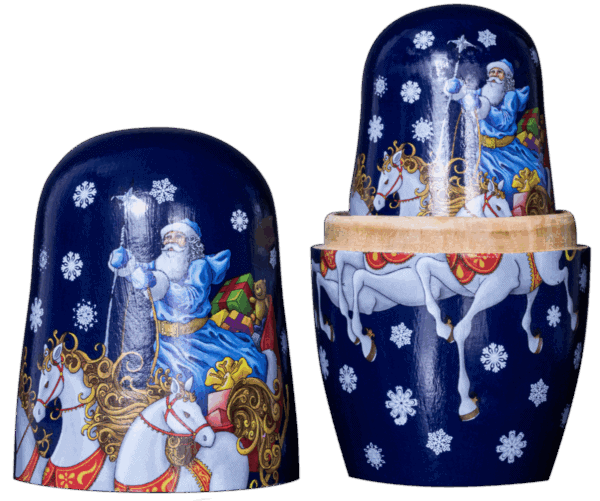 Two nested Russian dolls (matryoshka dolls) of different sizes, split open to reveal the empty interior of the larger doll and the smaller one inside. The dolls are dark blue and decorated with a folk-art style winter scene.