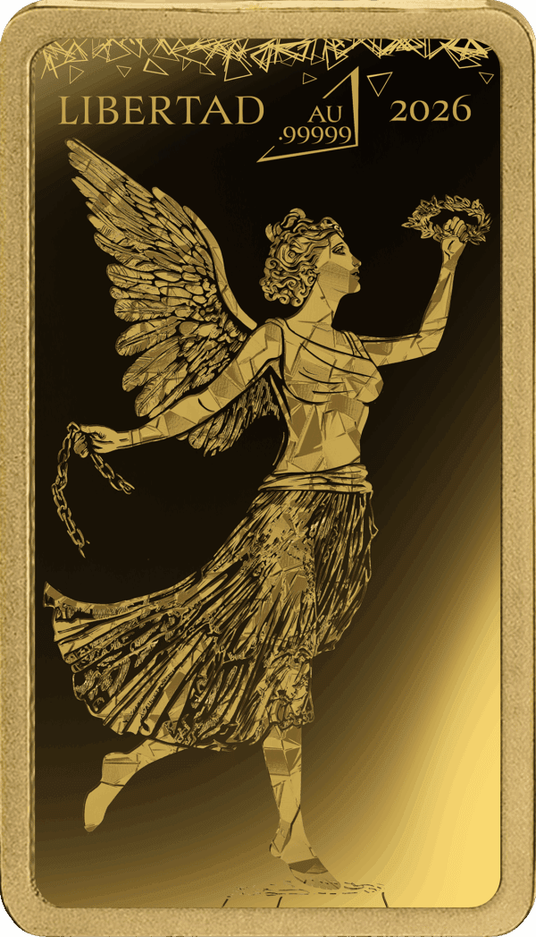 A close-up, front view of the 2026 Solomon Islands Worlds Purest Bullion II Libertad 1/100 oz Gold Proof Bar.