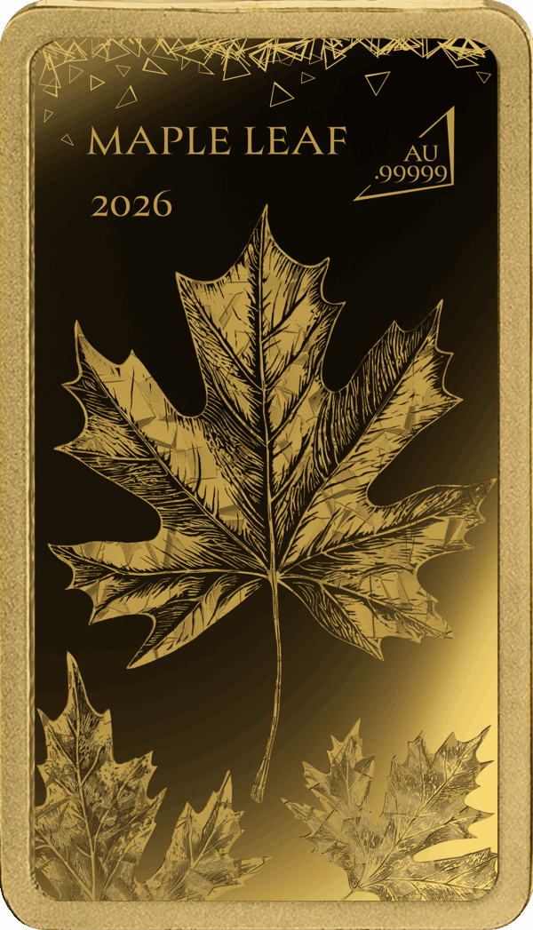A close-up, front view of the 2026 Solomon Islands Worlds Purest Bullion II Maple Leaf 1/100 oz Gold Proof Bar.