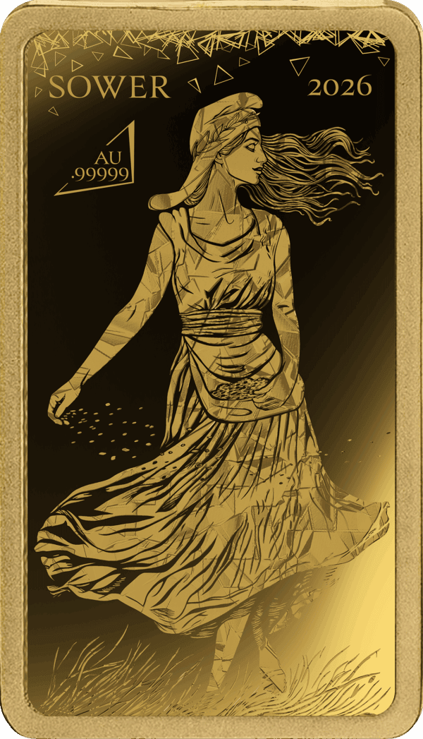 A close-up of a rectangular, gold bullion bar with an intricate design featuring a woman in a flowing dress holding a staff.