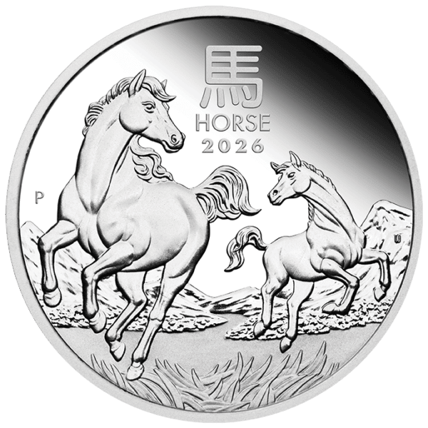 Reverse of the 2026 Australia Lunar Series III Year of the Horse Silver Coin featuring three running horses