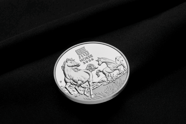 Side view of the 2026 Australia Lunar Series III Year of the Horse 1 oz Silver Proof Coin featuring horse design